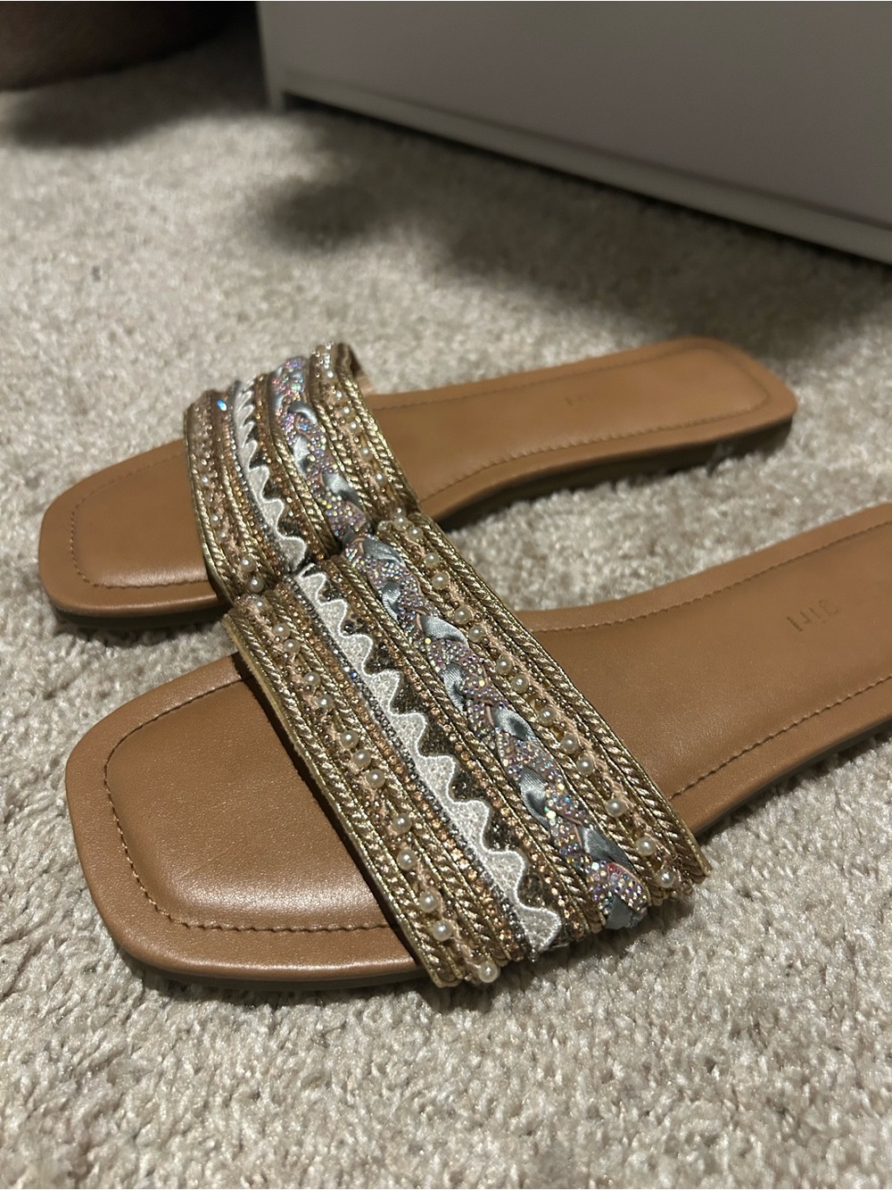 Madden Girl Embellished Gold-Tone Slide Sandals - Women's